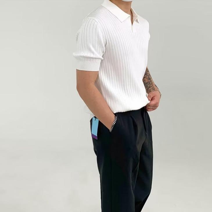 Mens Knitted Ribbed Polo Shirt  |  Tops & T-Shirts Clothing Mens