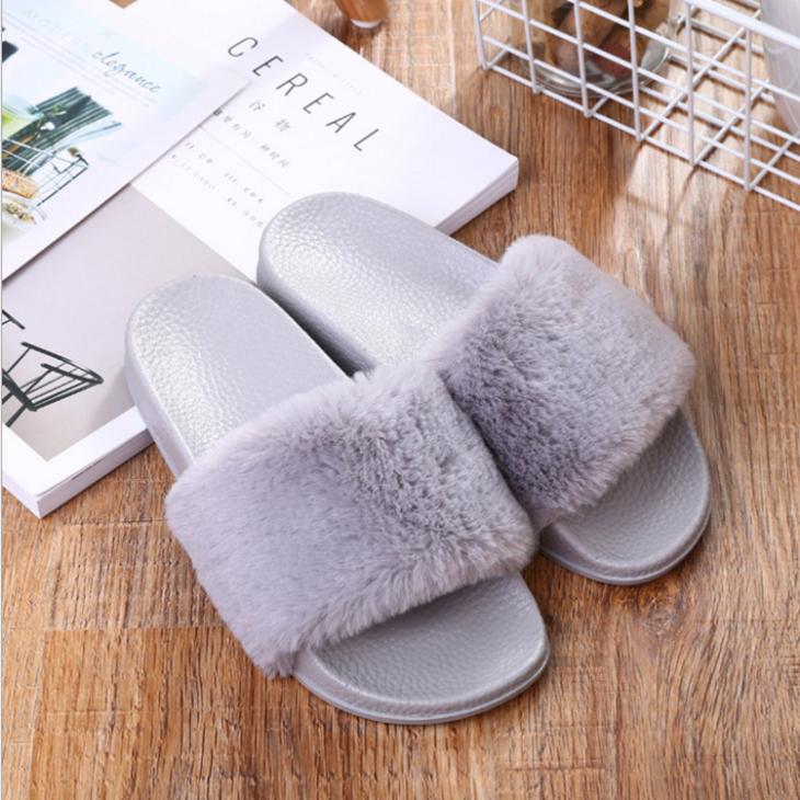 Womens Faux Fur Slides  |  Flip Flops & Slides Womens Black