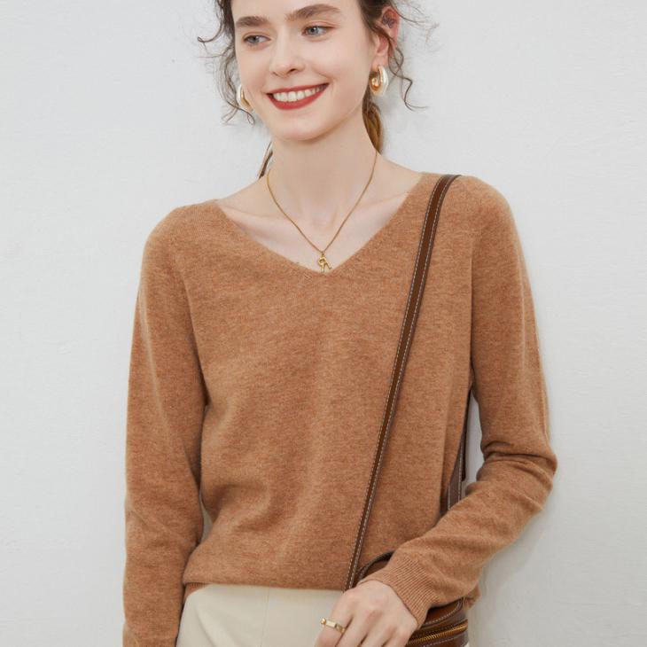 Womens Fine Knit V-Neck Sweater  |  Sweaters & Cardigans Clothing Beige