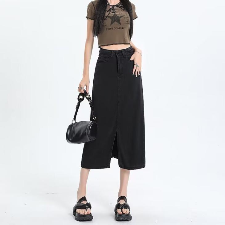 Womens Midi Denim Skirt  |  Jeans & Denim Clothing Barely Black