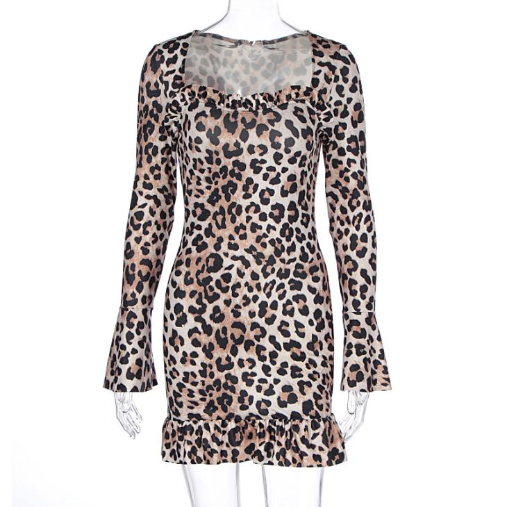 Womens Square Neck Leopard Midi Dress  |  Dresses Clothing Beige