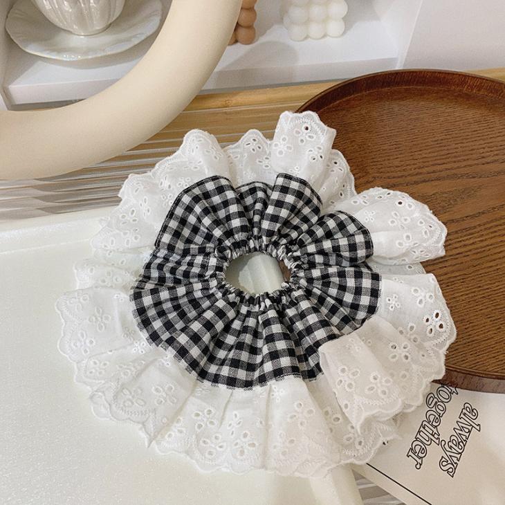 Womens Jumbo Gingham And Lace Scrunchie  |  Hair Accessories Accessories Black